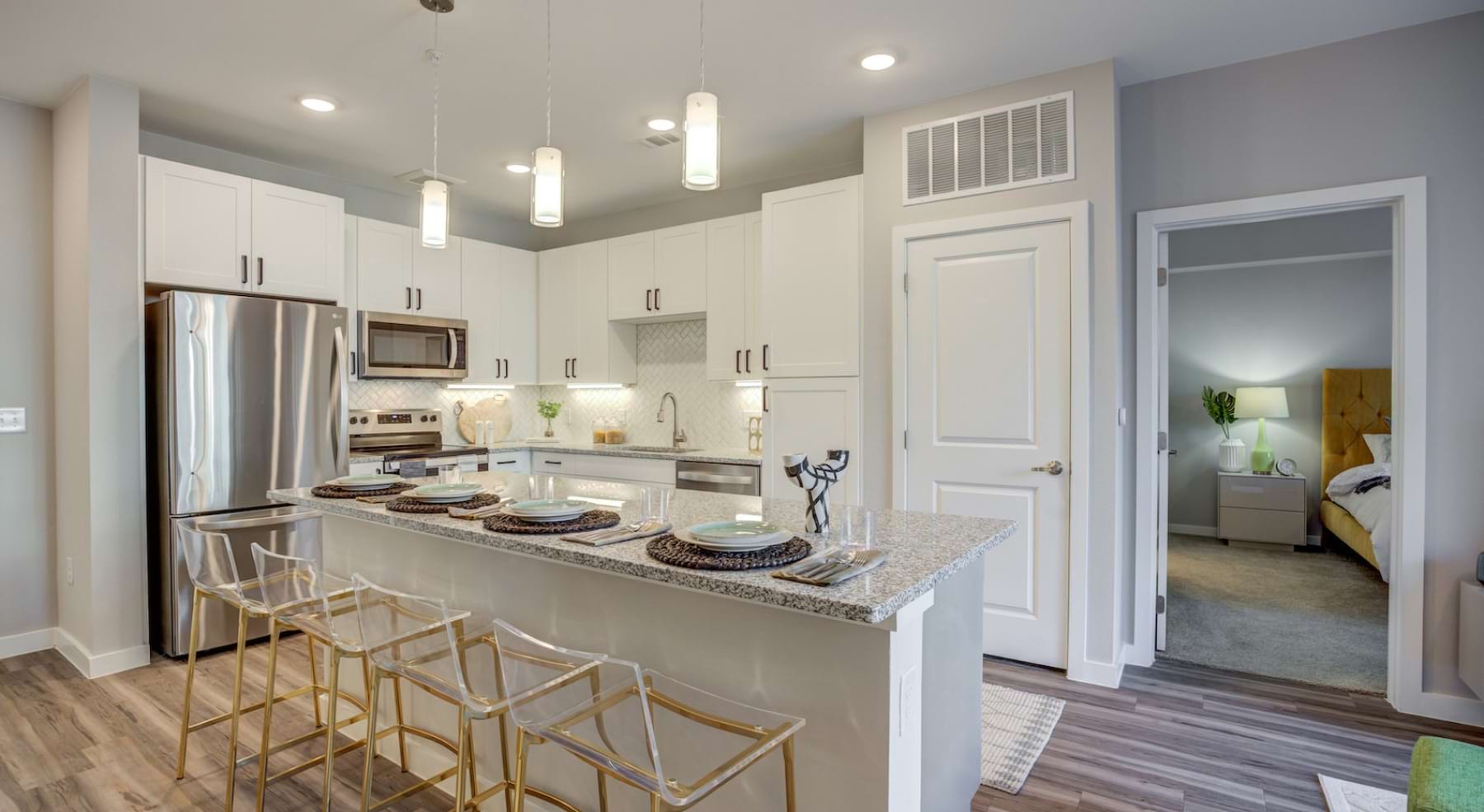 Kitchen with an island at Alder in Central Austin