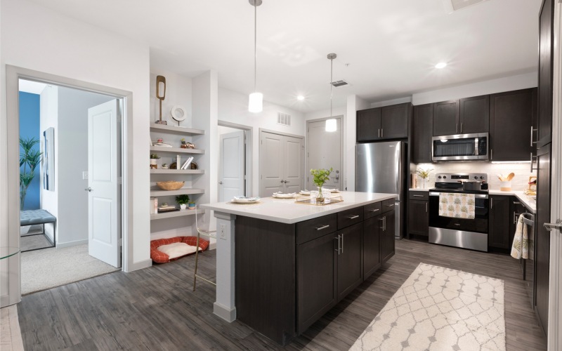 Modern kitchen in a residence at Korina at The Grove Austin apartments.